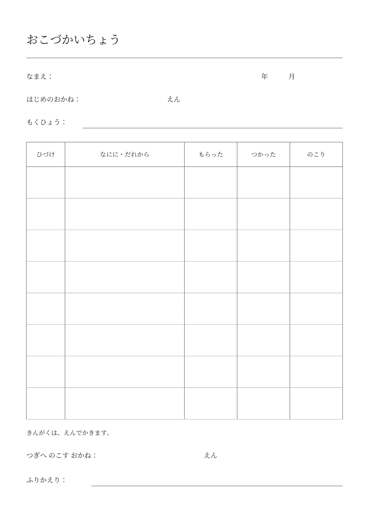 おこづかい帳・ひらがなの空白PDF・1/1ページ