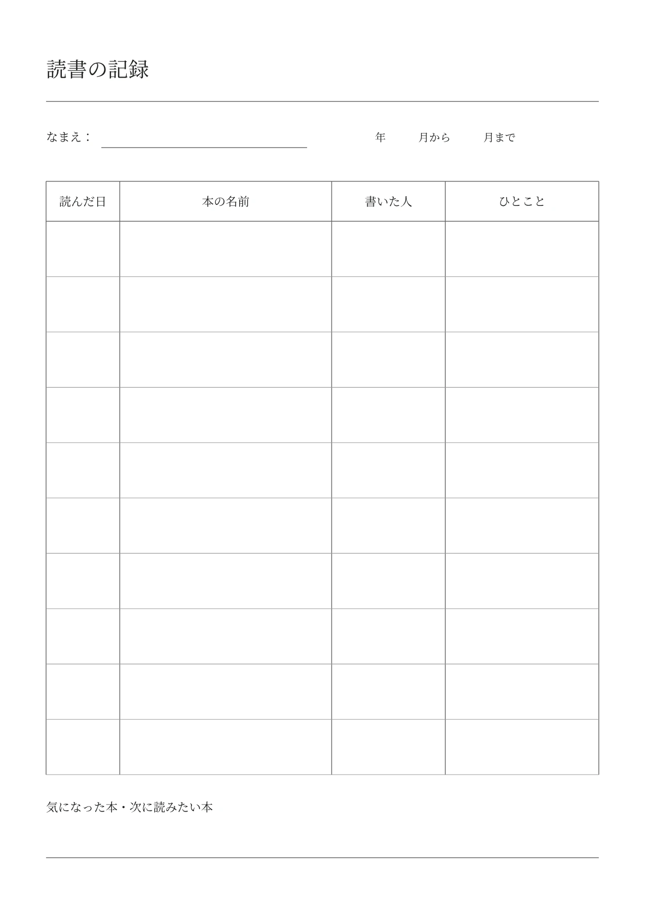 読書記録・10冊リストの空白PDF・1/1ページ