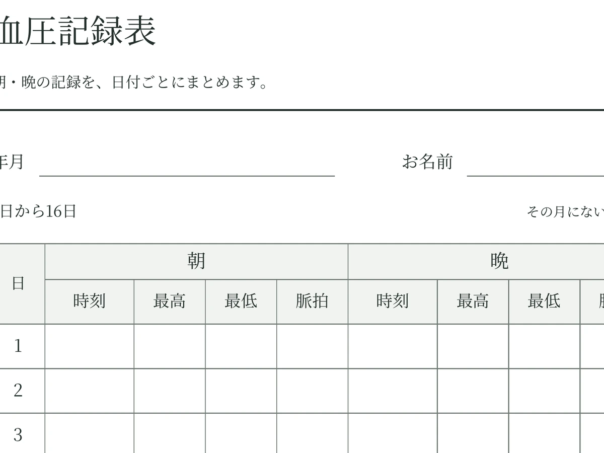血圧記録表・1か月の空白PDFの細部